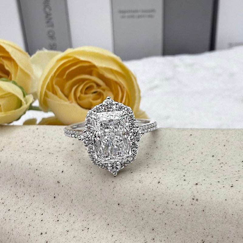 925 Sterling Silver Engagement Ring with Halo Radiant Cut 3 Carat Zircon