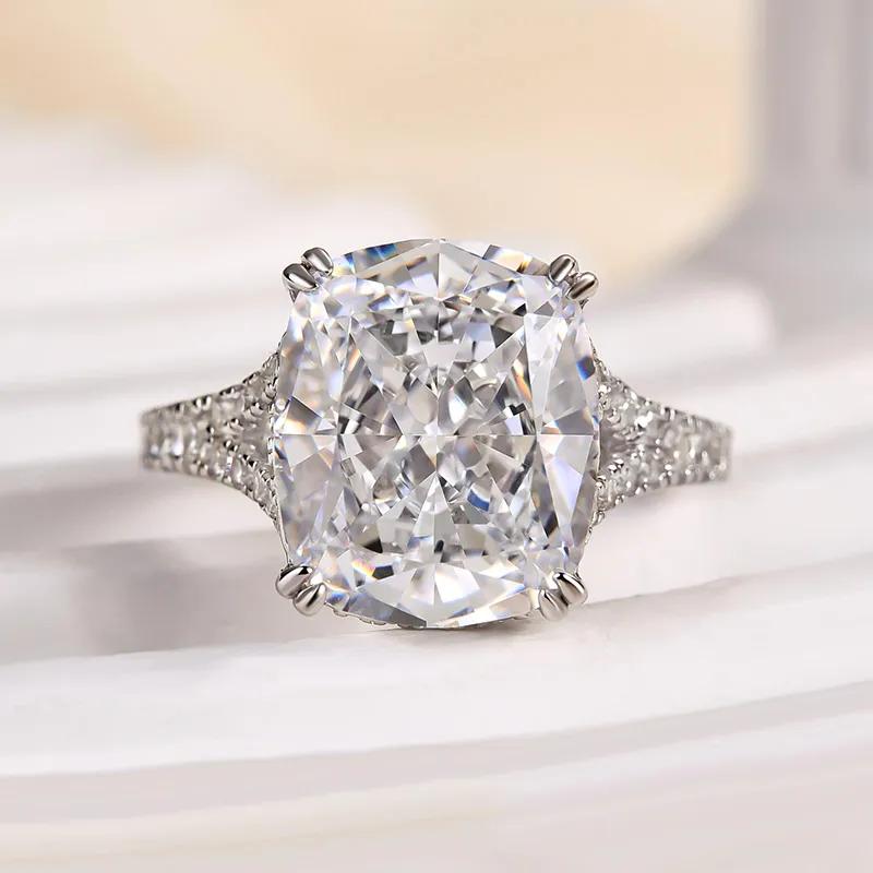 Sterling Silver Ring with Cushion-Cut Simulated Diamond, White Gold Plated