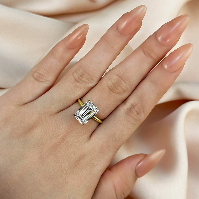 5Ct Emerald Cut Two-Tone Ring 925 Silver White/Yellow Gold