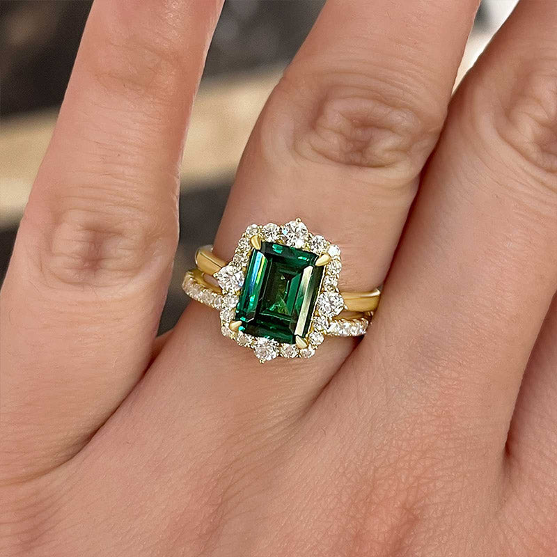 925 Sterling Silver 18K Yellow Gold Plated 3 Carat Emerald Cut Green Gemstone Ring