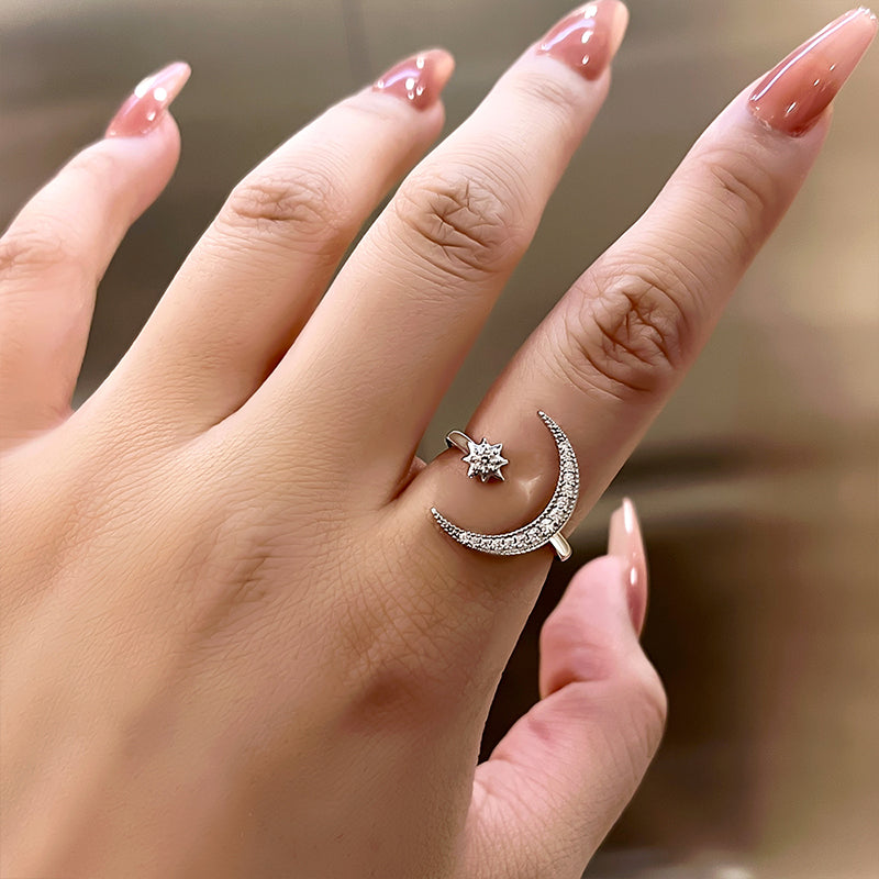 Anillo de media luna y estrella - Diamantes simulados de 0,3 ct, plata 925
