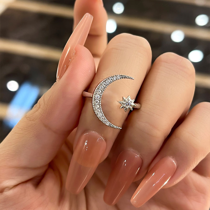 Anillo de media luna y estrella - Diamantes simulados de 0,3 ct, plata 925