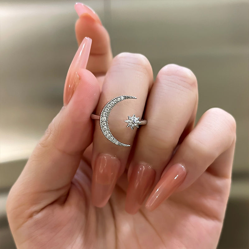 Anillo de media luna y estrella - Diamantes simulados de 0,3 ct, plata 925