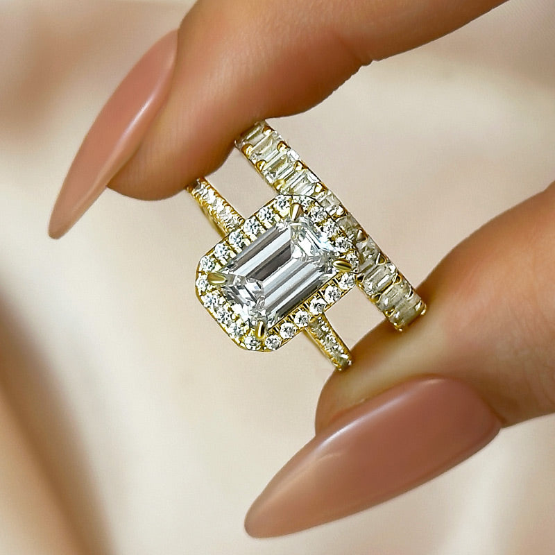 2.5ct Emerald Cut Diamond Ring Set - Platinum Plated