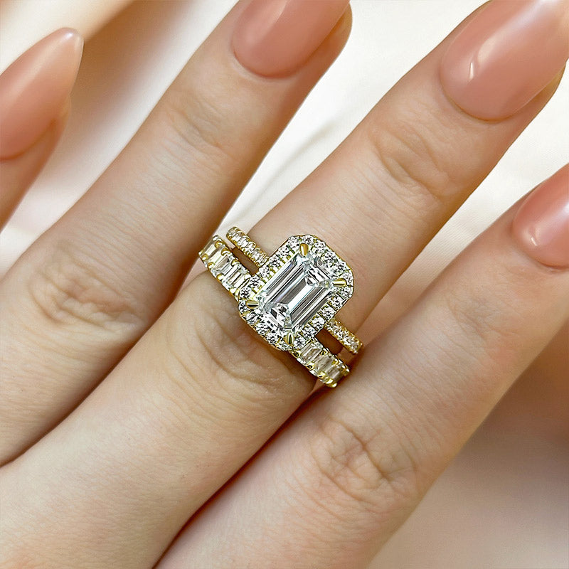 2.5ct Emerald Cut Diamond Ring Set - Platinum Plated