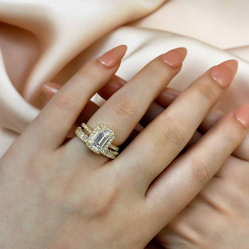 2.5ct Emerald Cut Diamond Ring Set - Platinum Plated
