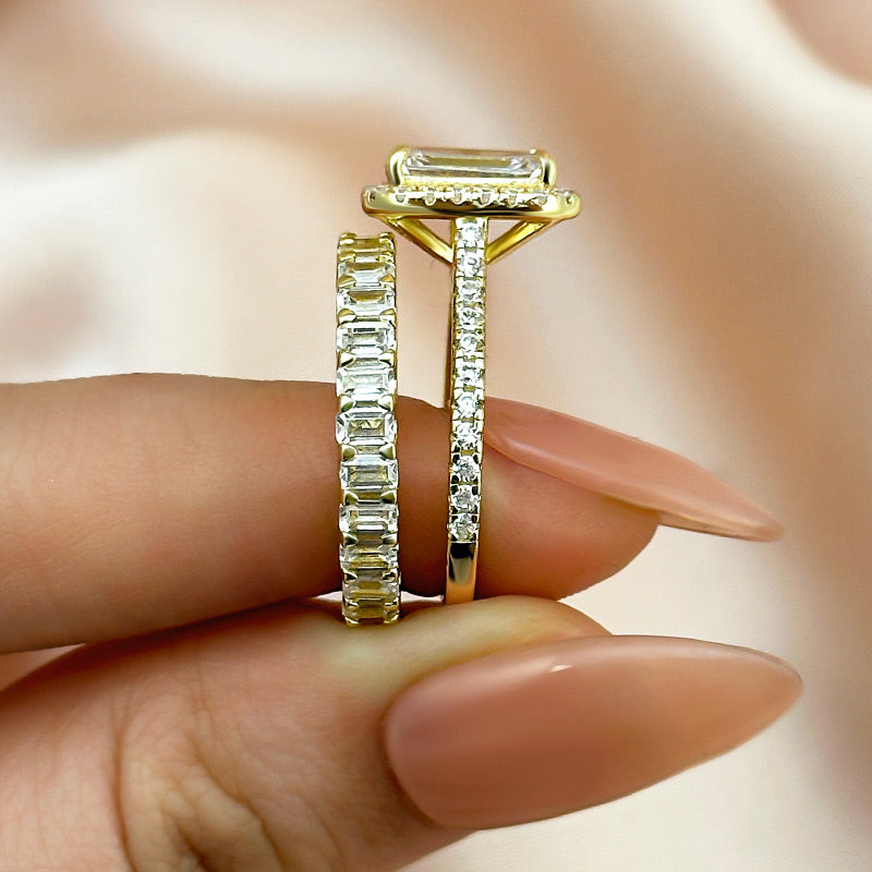 2.5ct Emerald Cut Diamond Ring Set - Platinum Plated