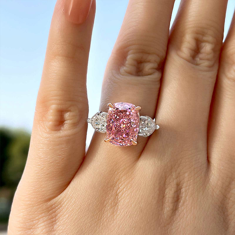 6.5Ct Cushion Pink Sapphire & Heart Diamond Trio Ring