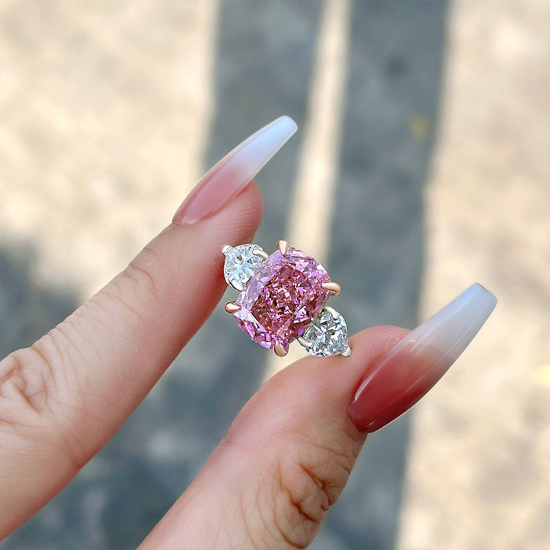 6.5Ct Cushion Pink Sapphire & Heart Diamond Trio Ring