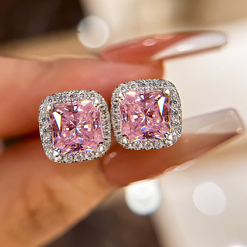 2.0 Carat Princess Cut Pink Sapphire Earrings with Simulated Diamonds