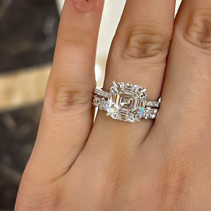 925 Silver White Gold Plated 10mm Asscher Cut 5ct Diamond Ring