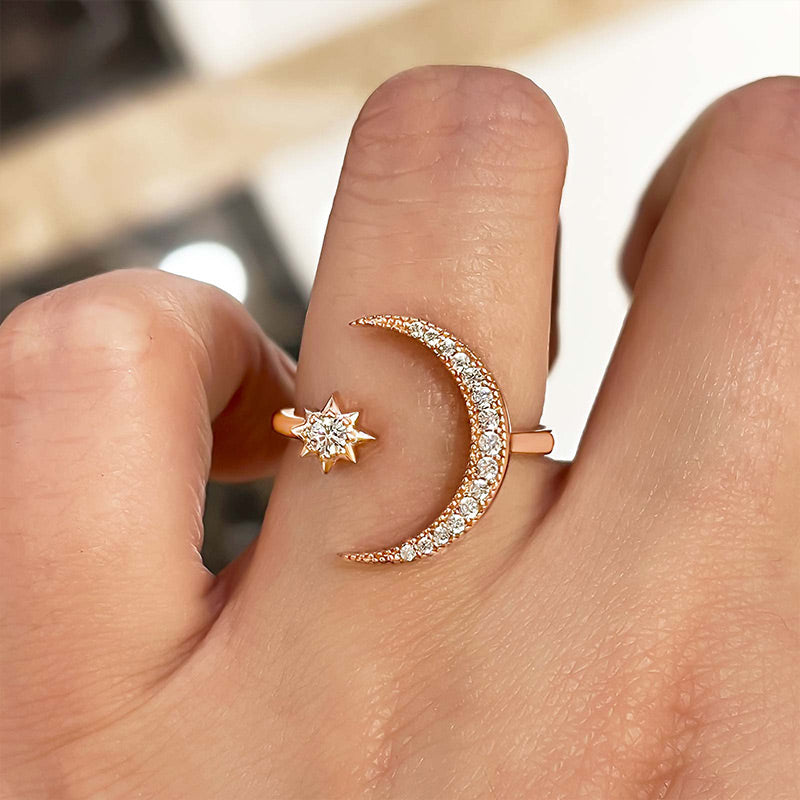 Anillo de media luna y estrella - Diamantes simulados de 0,3 ct, plata 925