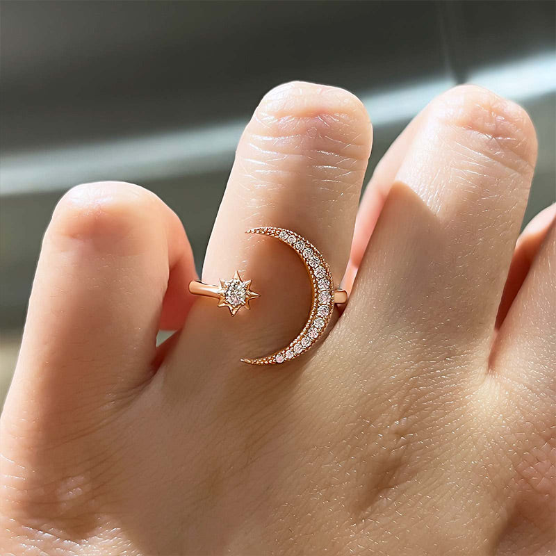 Anillo de media luna y estrella - Diamantes simulados de 0,3 ct, plata 925