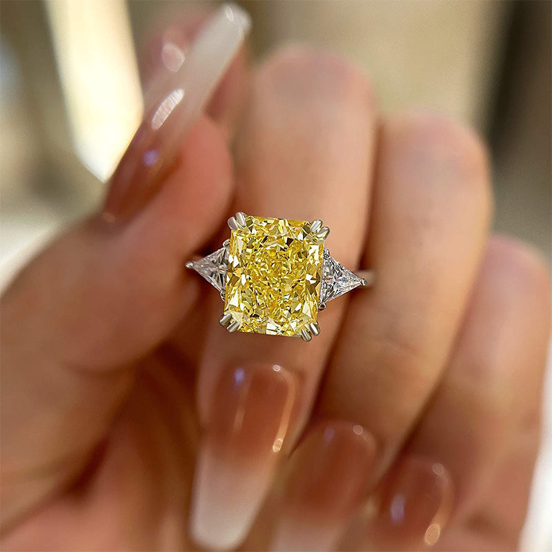 4.0Ct Radiant Cut Yellow Diamond Ring with Triangle Accents