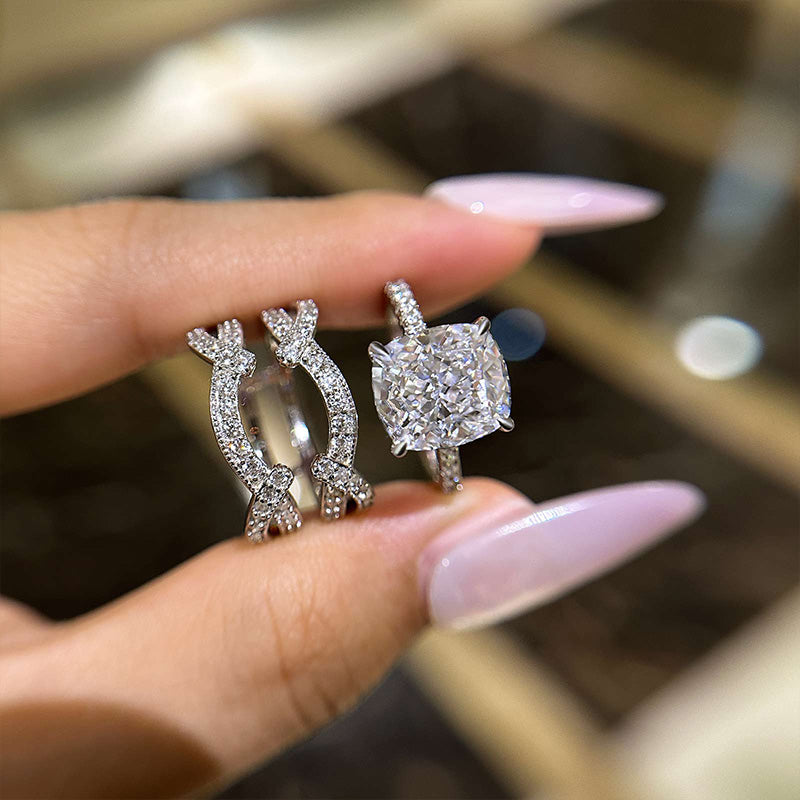 Cushion Cut Ring Set with Simulated Diamonds in Sterling Silver
