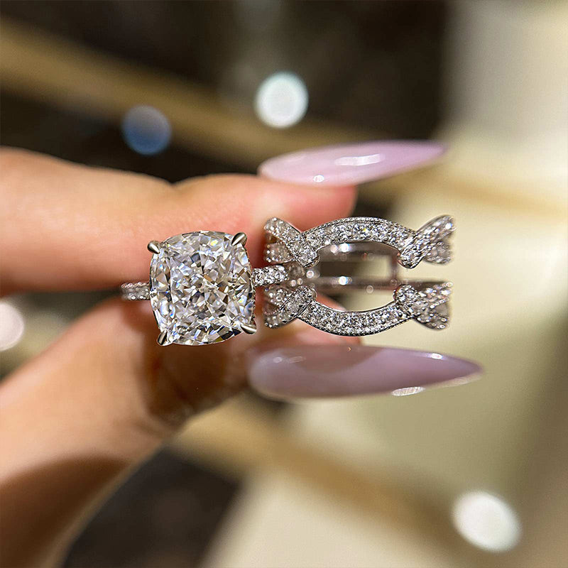 Cushion Cut Ring Set with Simulated Diamonds in Sterling Silver