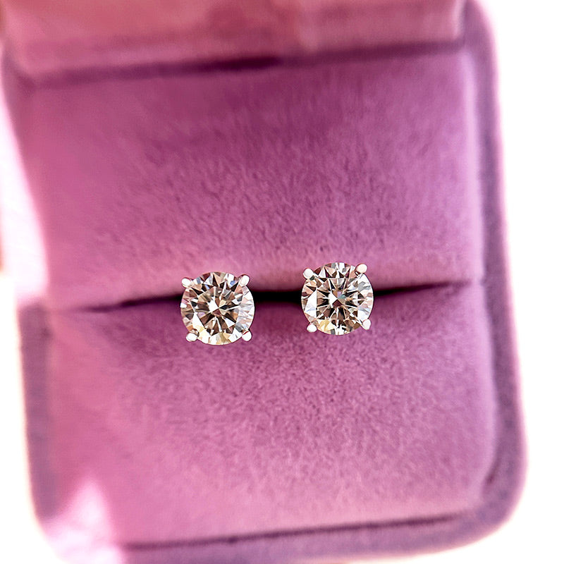 Round Moissanite Earrings in Rhodium-Plated Sterling Silver