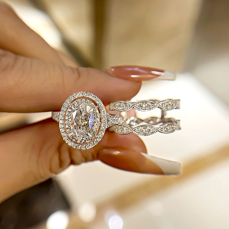 Elegant Oval Cut Double Halo Ring Set in Sterling Silver