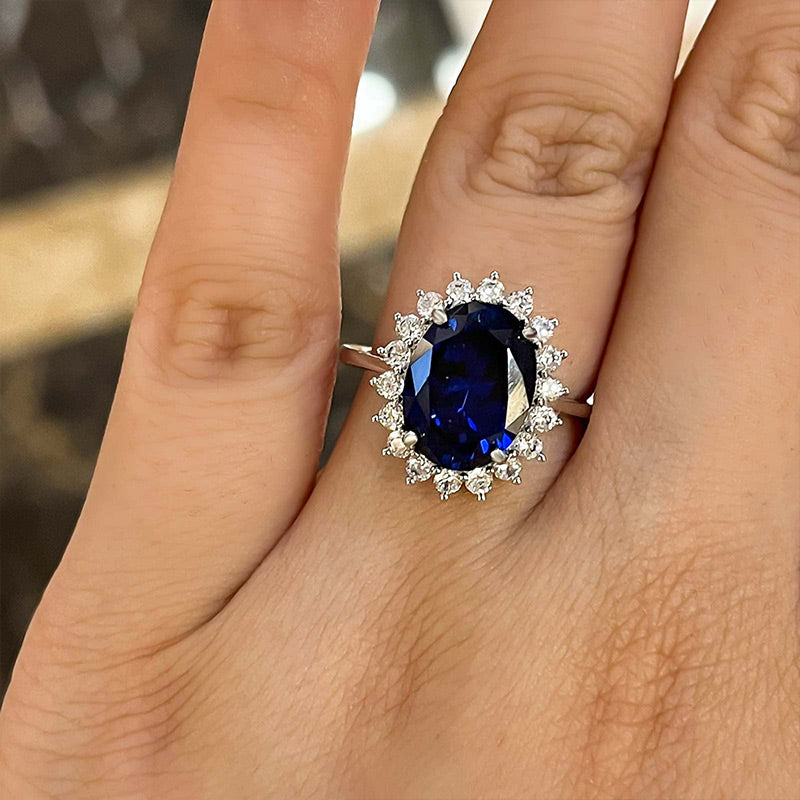 Vintage 4.5ct Blue Sapphire Oval Ring with Diamond Halo