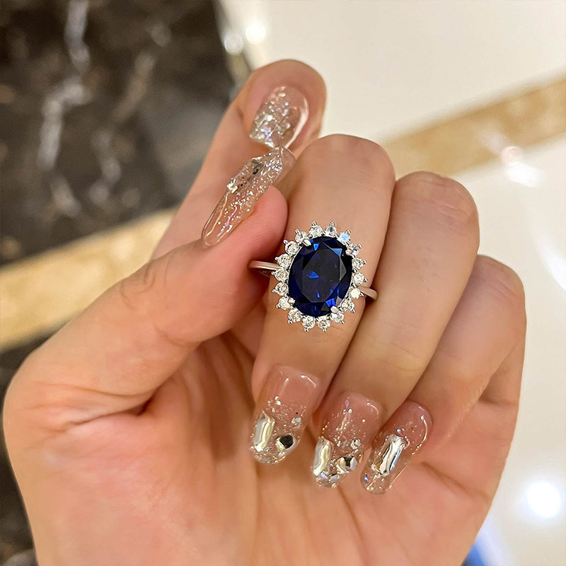 Vintage 4.5ct Blue Sapphire Oval Ring with Diamond Halo