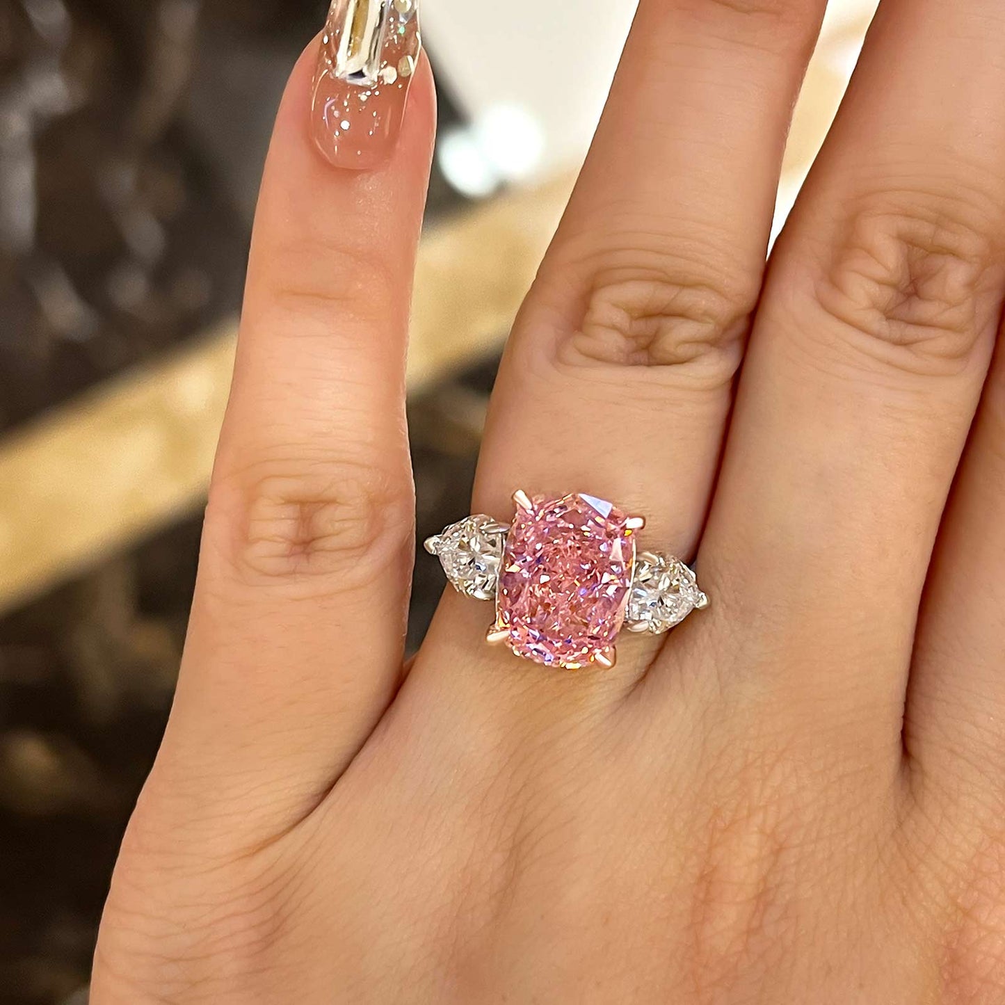 6.5Ct Cushion Pink Sapphire & Heart Diamond Trio Ring