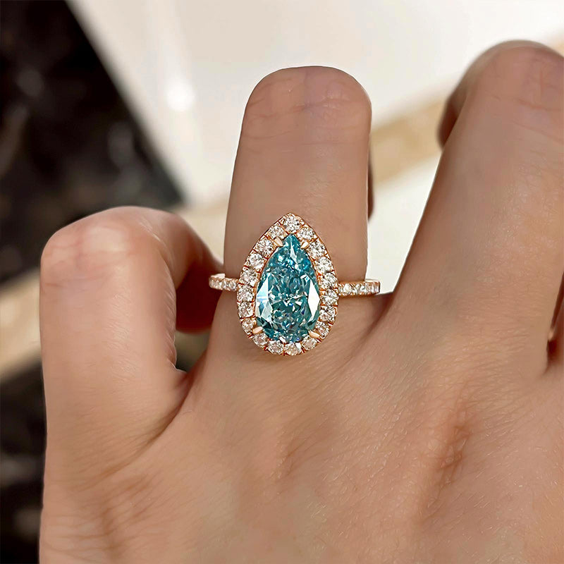 3.25 Carat Pear Cut Cyan Blue Diamond Ring – Rose Gold Plated