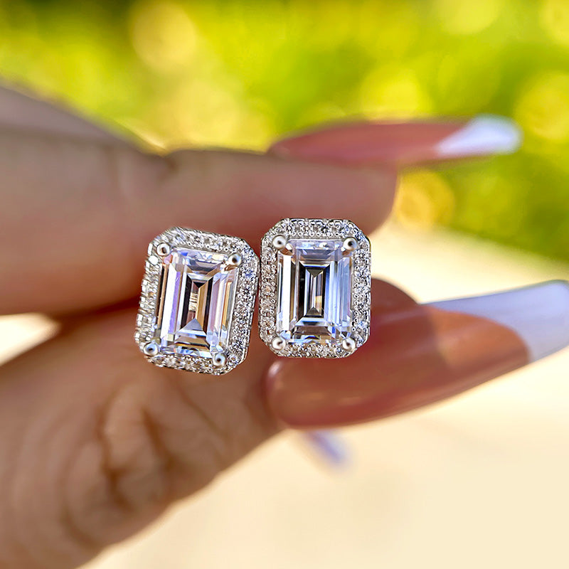 Emerald Cut White Sapphire Earrings with Simulated Diamonds
