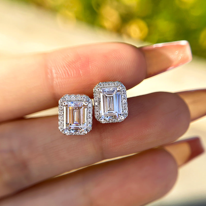 Emerald Cut White Sapphire Earrings with Simulated Diamonds