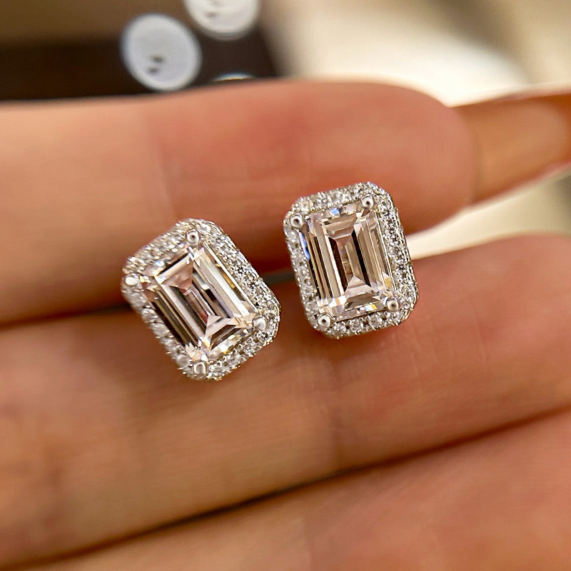 Emerald Cut White Sapphire Earrings with Simulated Diamonds