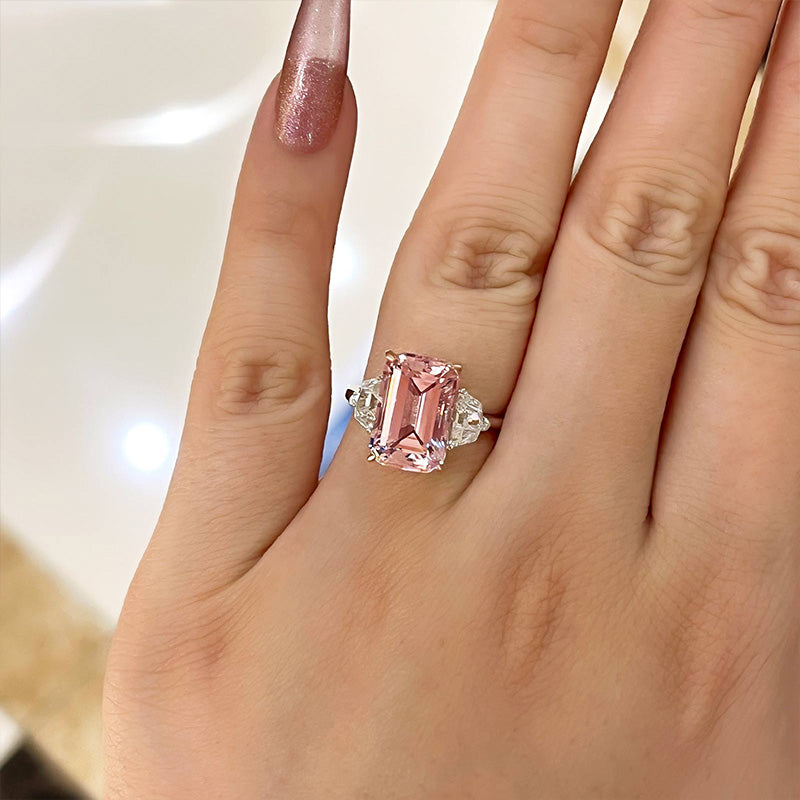 6.0ct Emerald Cut Morganite Pink Ring in 925 Silver & Dual Gold