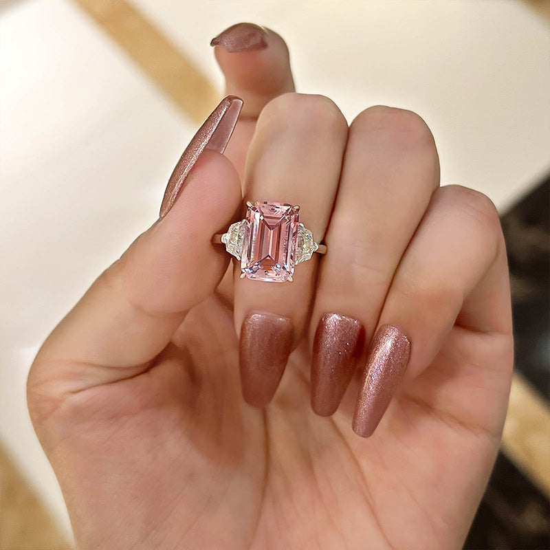 6.0ct Emerald Cut Morganite Pink Ring in 925 Silver & Dual Gold