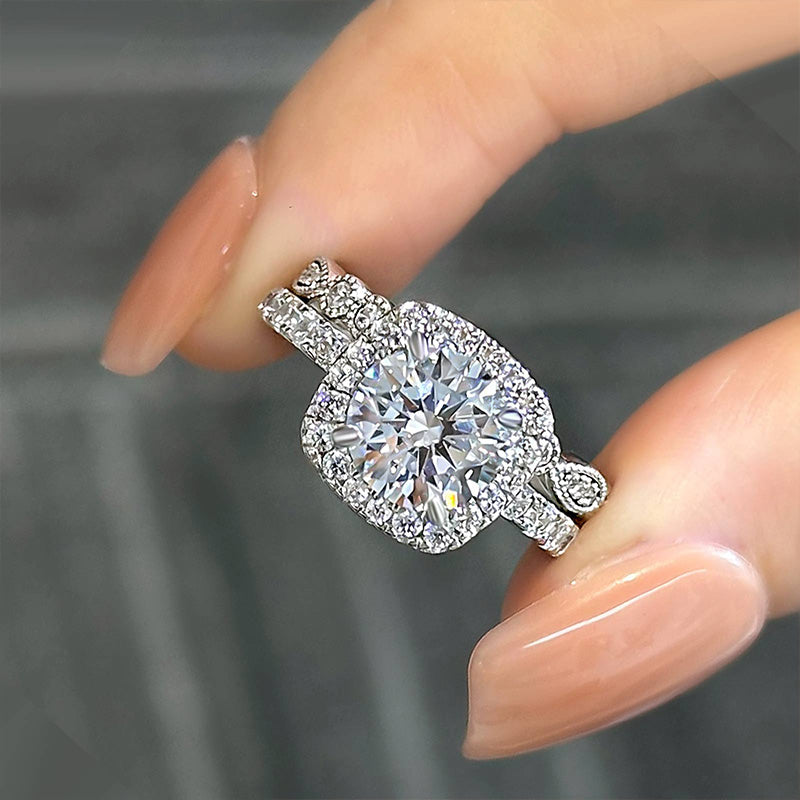 2.0Ct Round Diamond Halo Wedding Ring Set