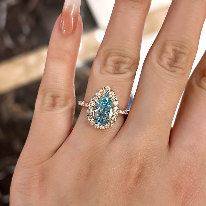 3.25 Carat Pear Cut Cyan Blue Diamond Ring – Rose Gold Plated