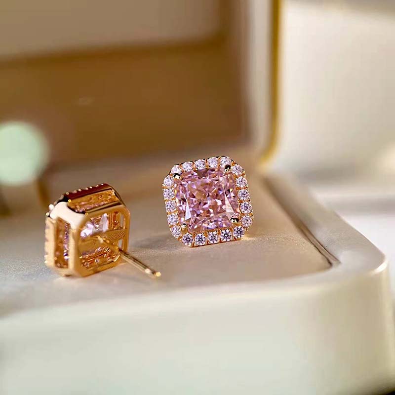 Radiant Cut Pink Sapphire & Diamond Earrings