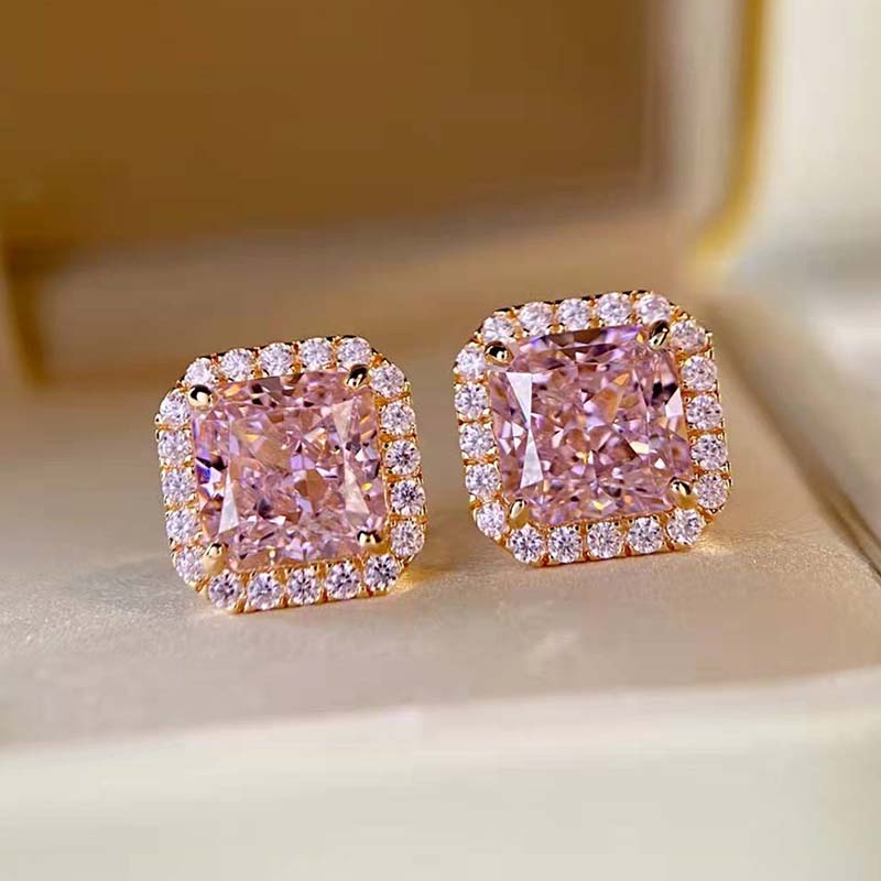 Radiant Cut Pink Sapphire & Diamond Earrings
