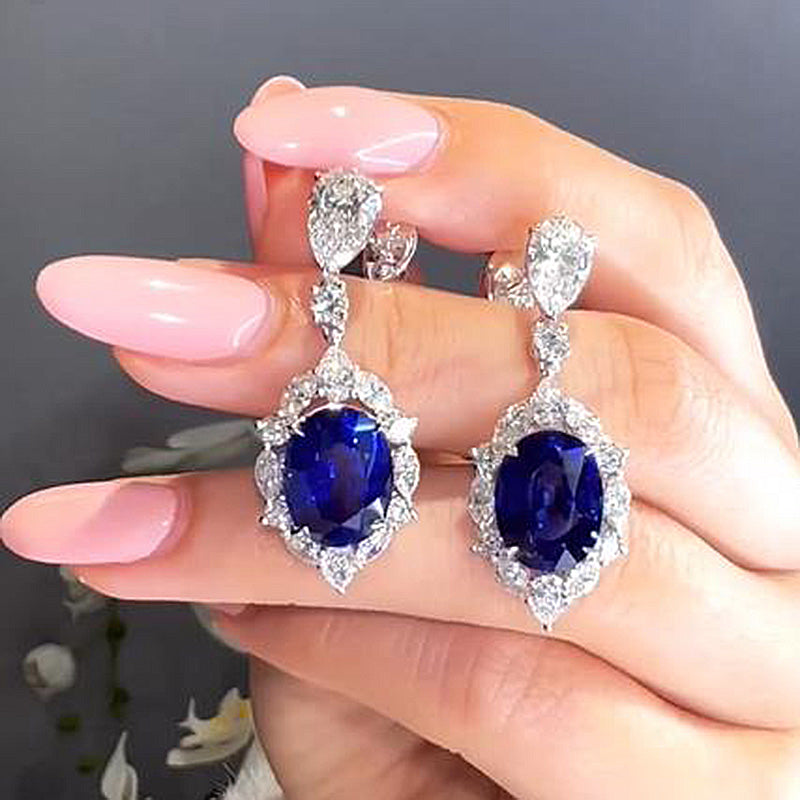 Luxury 925 Silver Blue Sapphire & Diamond Earrings