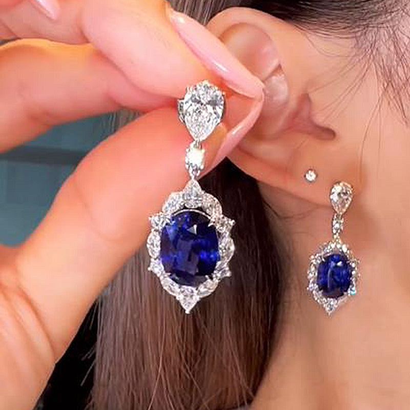 Luxury 925 Silver Blue Sapphire & Diamond Earrings