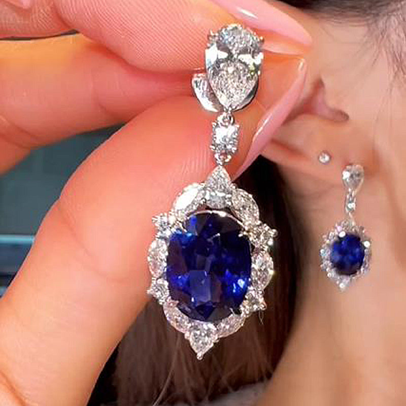 Luxury 925 Silver Blue Sapphire & Diamond Earrings