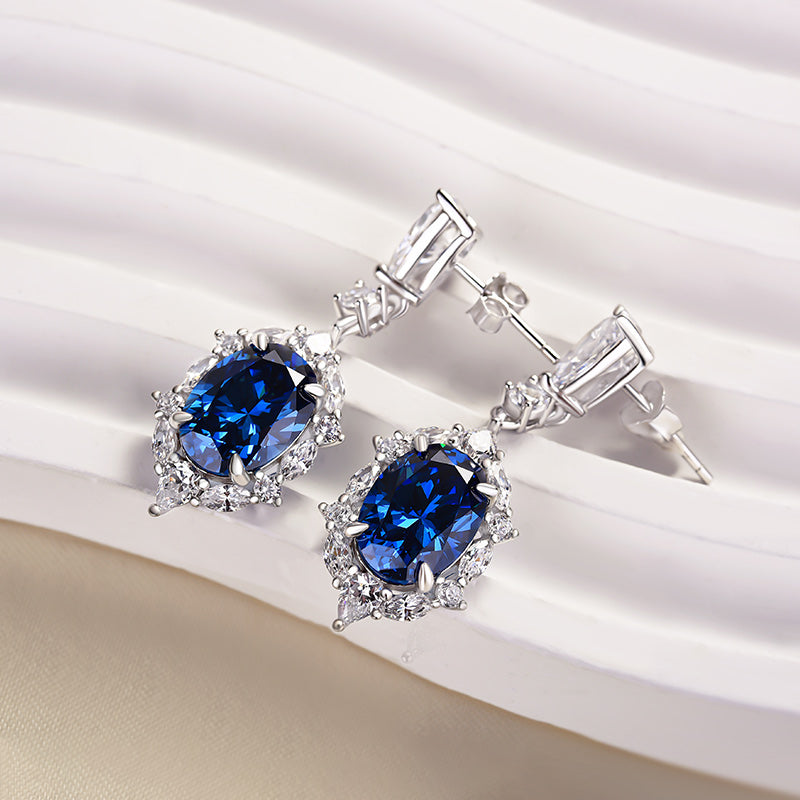Luxury 925 Silver Blue Sapphire & Diamond Earrings