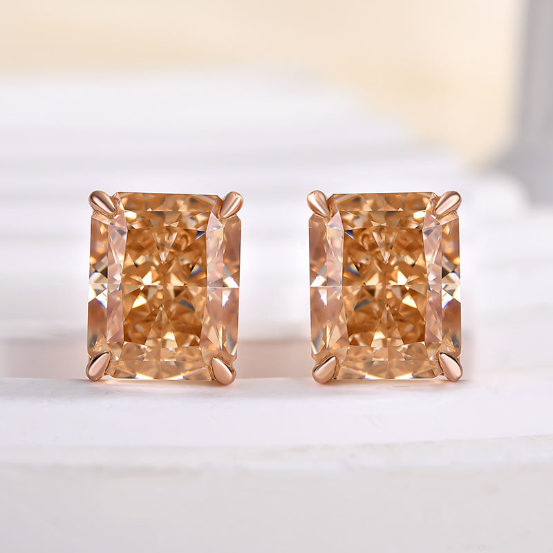 Gold Plated Radiant Cut Champagne Simulated Diamond Earrings