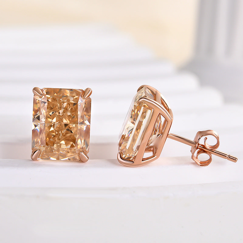 Gold Plated Radiant Cut Champagne Simulated Diamond Earrings