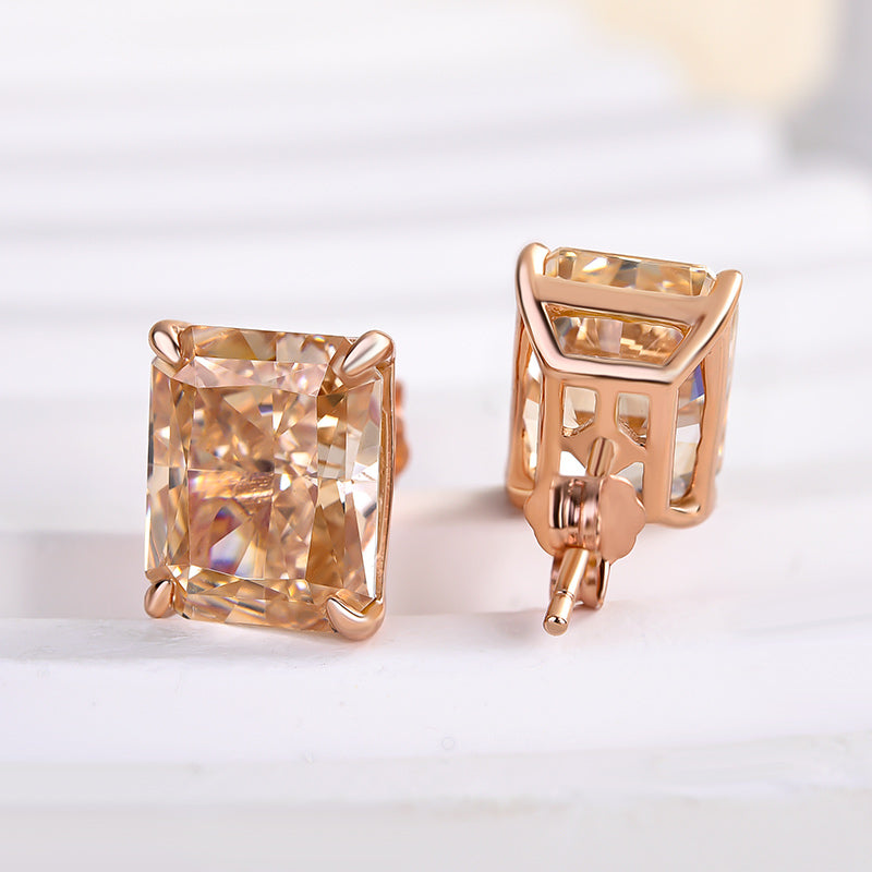 Gold Plated Radiant Cut Champagne Simulated Diamond Earrings