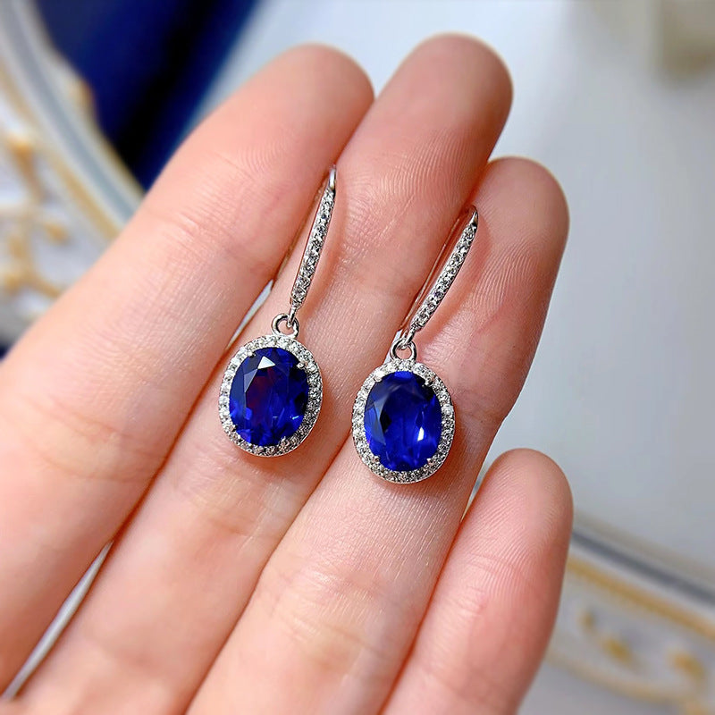 Luxurious Oval Blue Sapphire Simulated Diamond Earrings