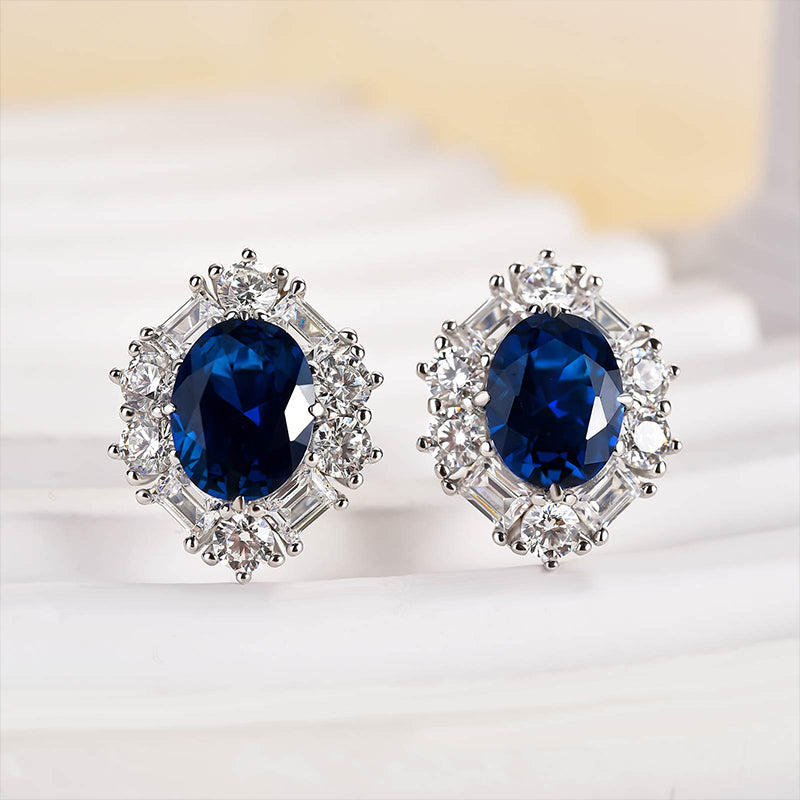 Exquisite Oval Blue Sapphire Simulated Diamond Earrings