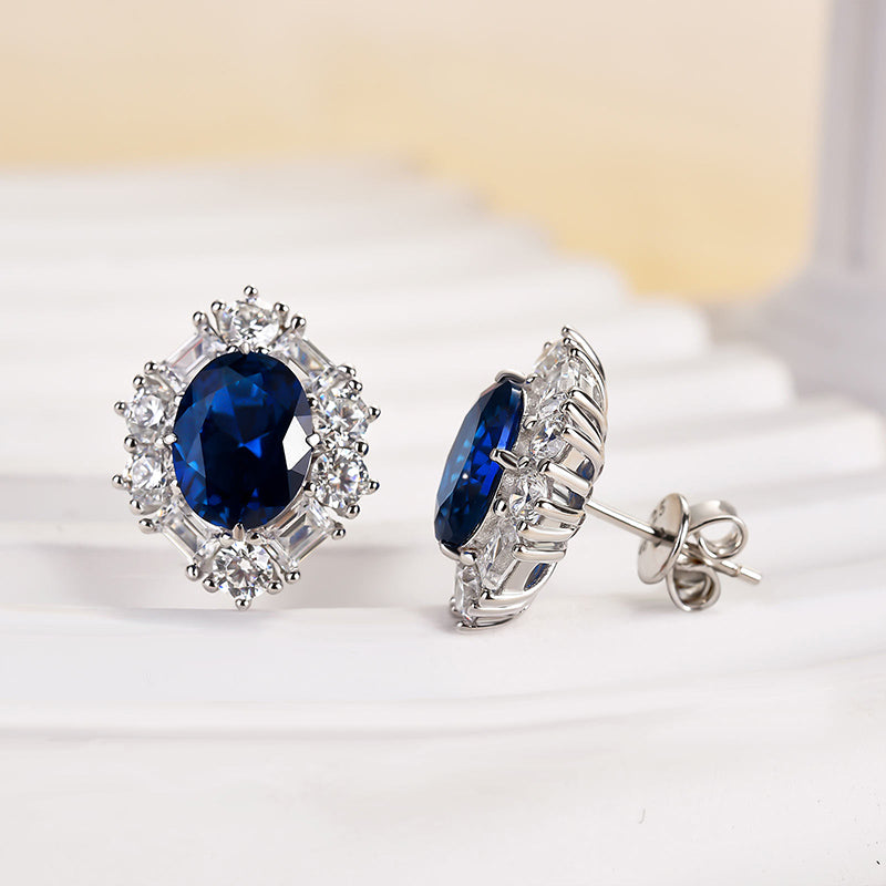 Exquisite Oval Blue Sapphire Simulated Diamond Earrings