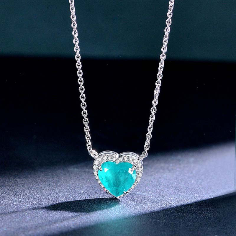 Heart Aquamarine Blue Simulated Diamond Necklace in White Gold
