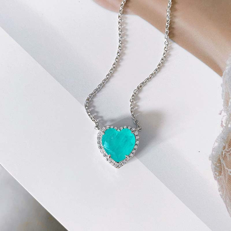 Heart Aquamarine Blue Simulated Diamond Necklace in White Gold