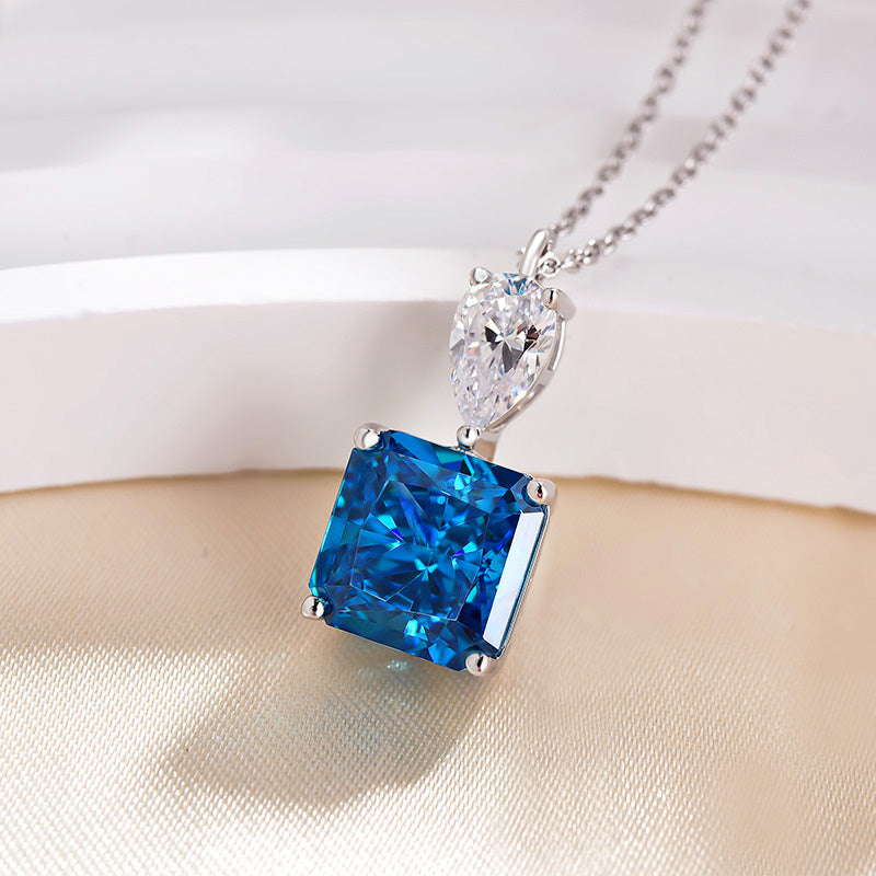 Radiant Cut Blue Sapphire Simulated Diamond Necklace in 18K White Gold
