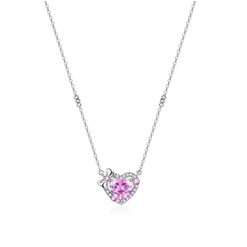Romantic Heart-Cut Pink Diamond Necklace – 925 Silver, White Gold Plated