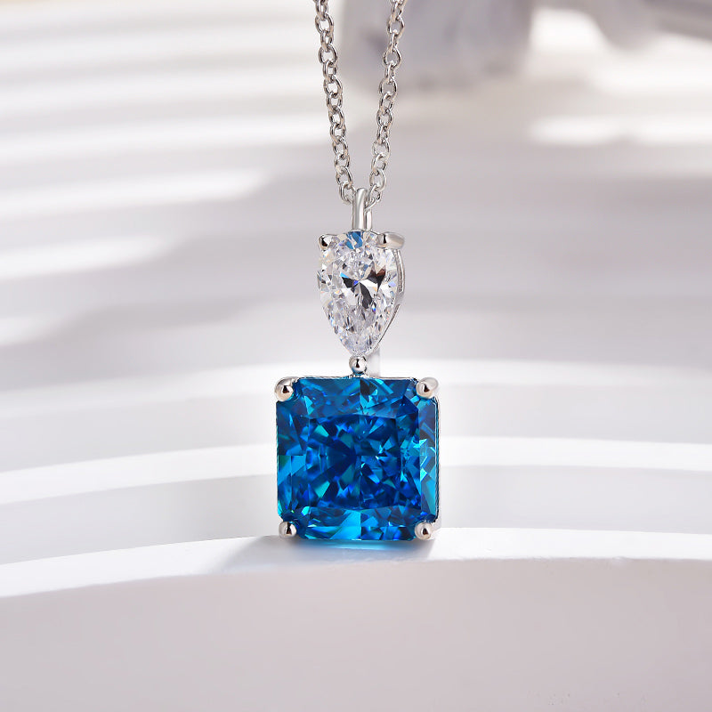 Radiant Cut Blue Sapphire Simulated Diamond Necklace in 18K White Gold